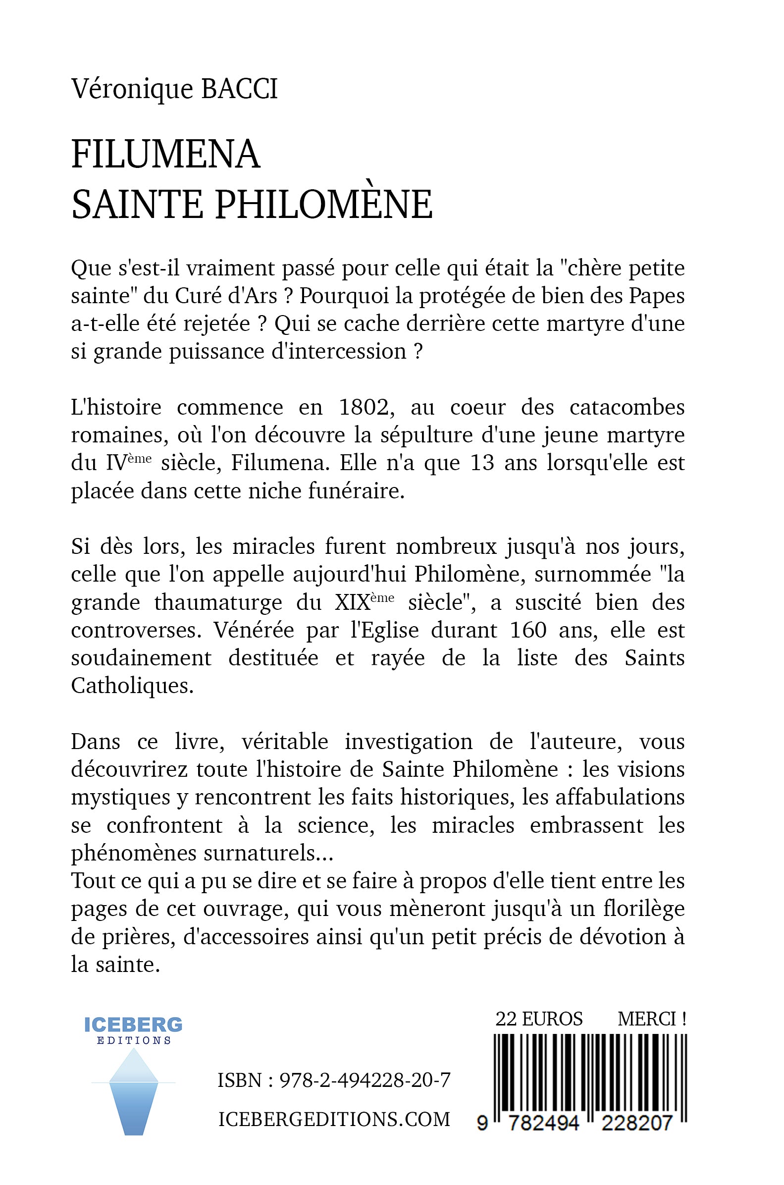 Quatrième de couverture du livre "Filumena, Sainte Philomène" de Véronique Bacci