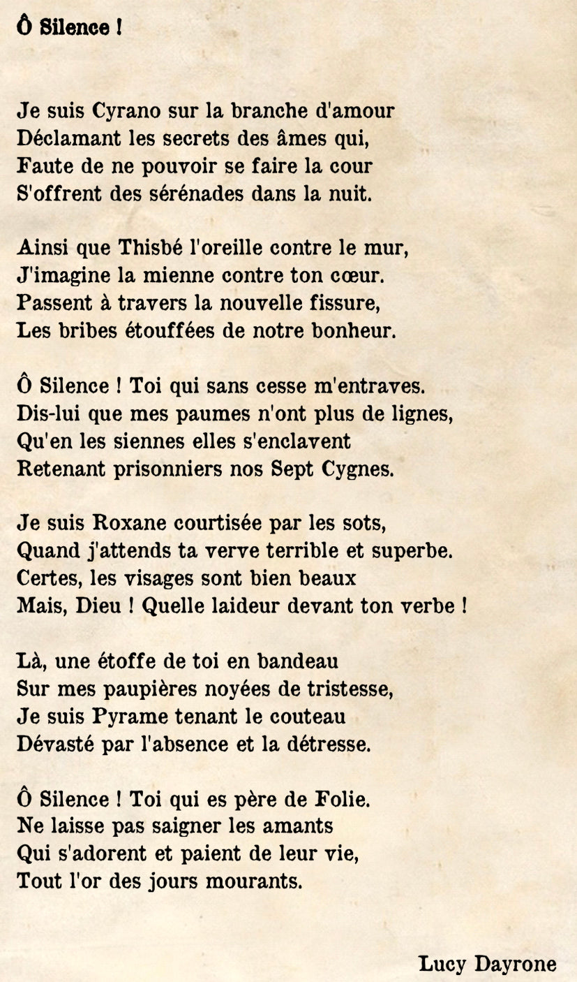 Poème "Ô Silence !" extrait du recueil de poèmes "Billets d'âme - Tome 2 - Le théâtre des Langueurs" de Lucy Dayrone