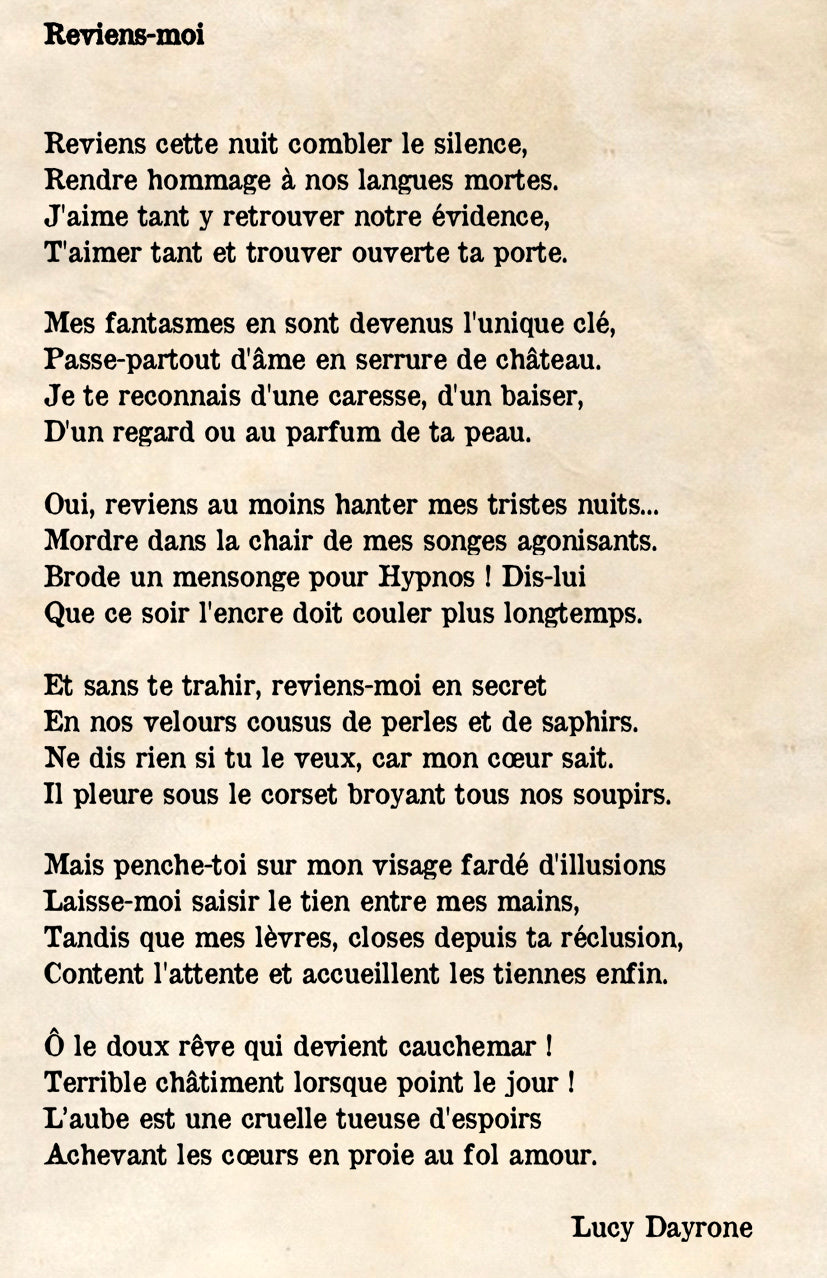 Poème "Reviens-moi" extrait du recueil de poèmes "Billets d'âme - Tome 2 - Le théâtre des Langueurs" de Lucy Dayrone