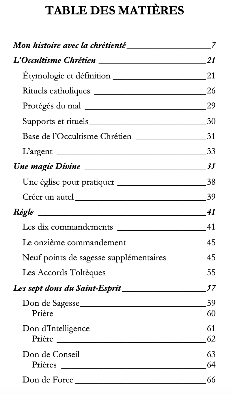 Table de matières du livre "Découvrir l'Occultisme Chrétien" de Ange de Gaïa