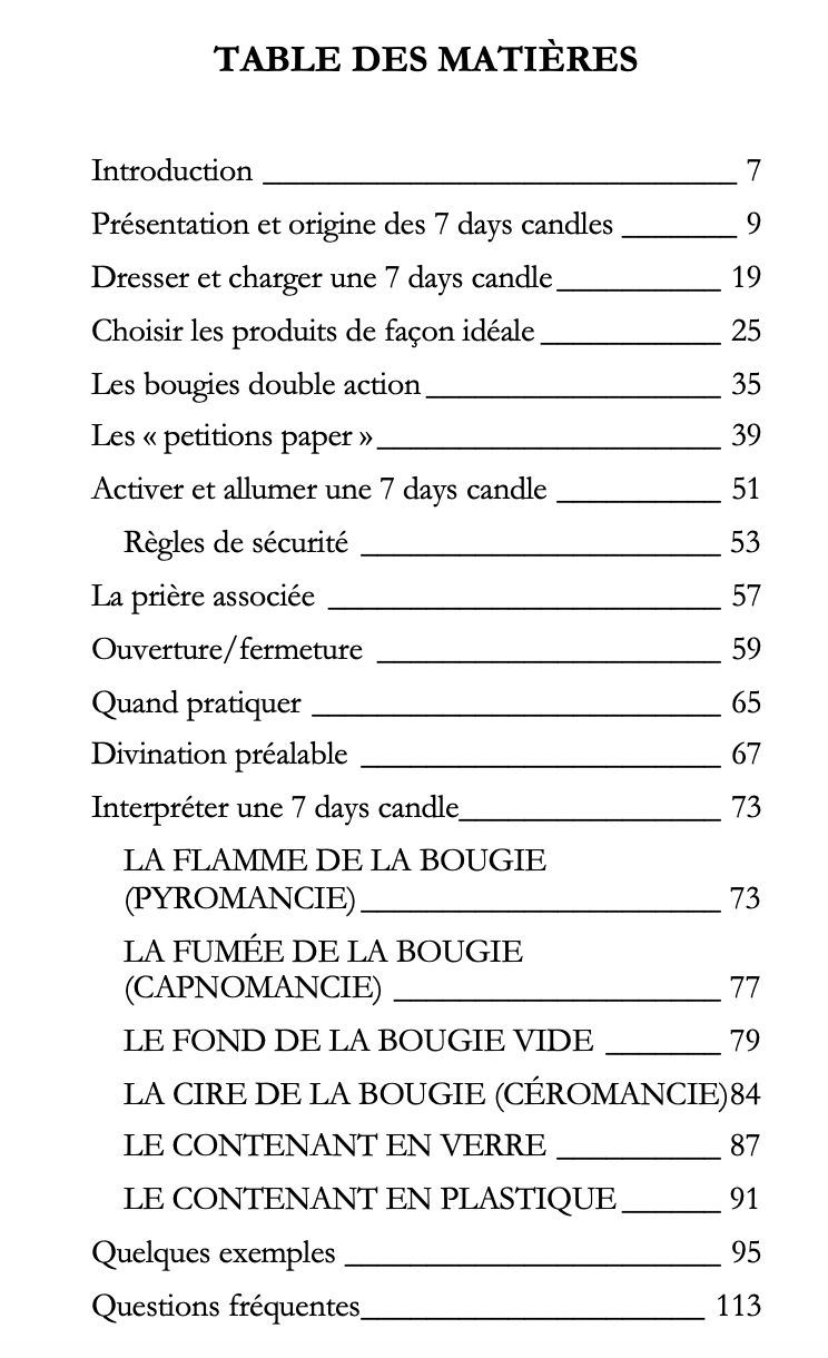 Table des matières du livre "HooDoo 7 days candles" de Ange de Gaïa