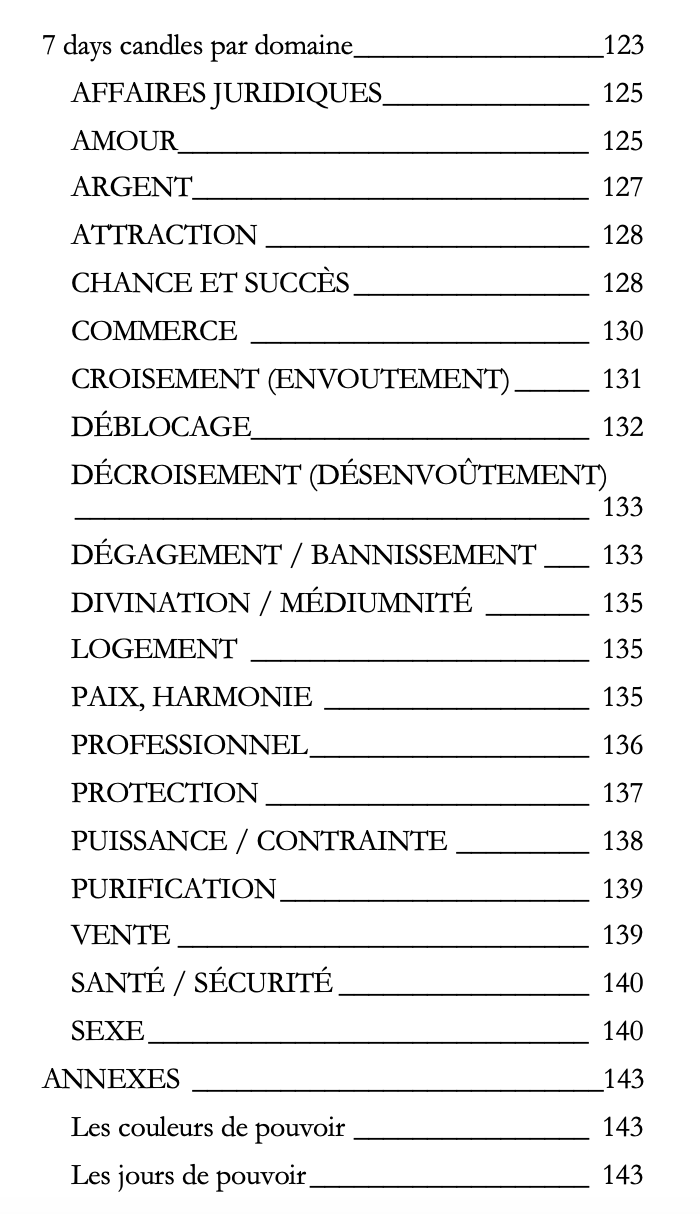 Table des matières du livre "HooDoo 7 days candles" de Ange de Gaïa