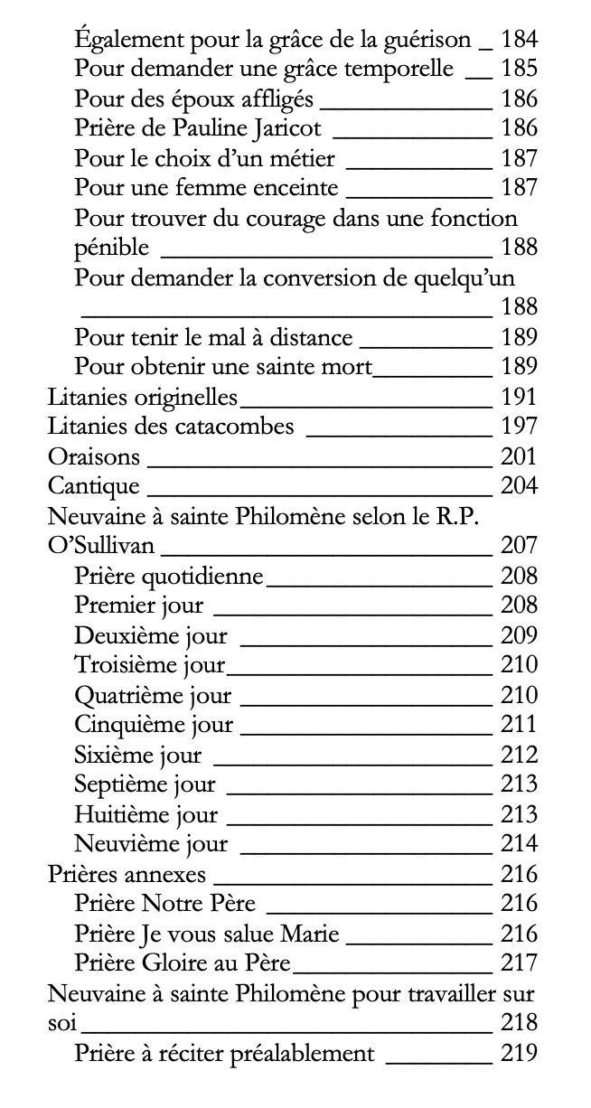 Table des matières du livre "Filumena, Sainte Philomène" de Véronique Bacci