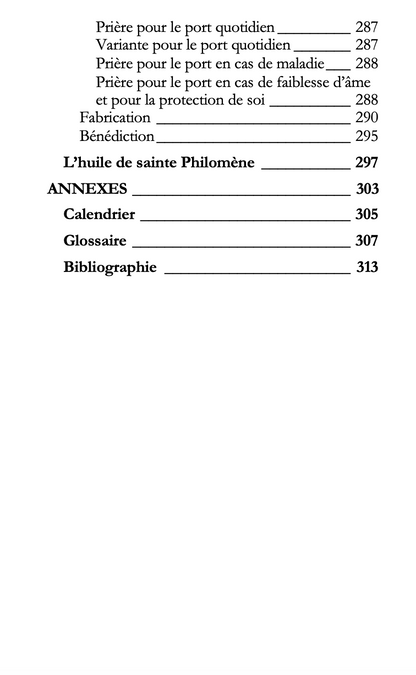 Table des matières du livre "Filumena, Sainte Philomène" de Véronique Bacci