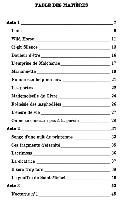 Table des matières du recueil de poèmes "Billets d'âme - Tome 2 - Le théâtre des Langueurs" de Lucy Dayrone