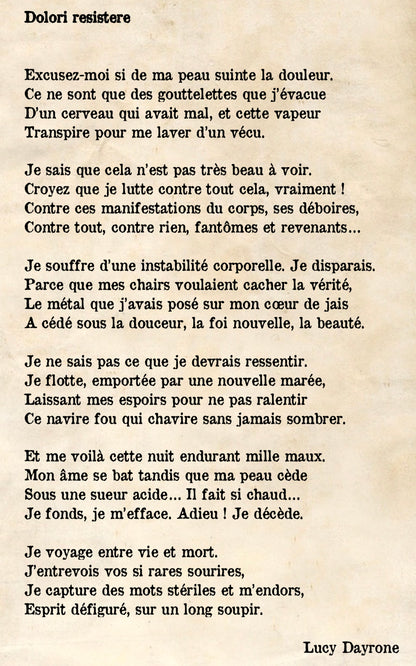 Poème "Dolori Resistere" extrait du recueil "Billets d'âme - Tome 1 - Mélancolique Légion" de Lucy Dayrone