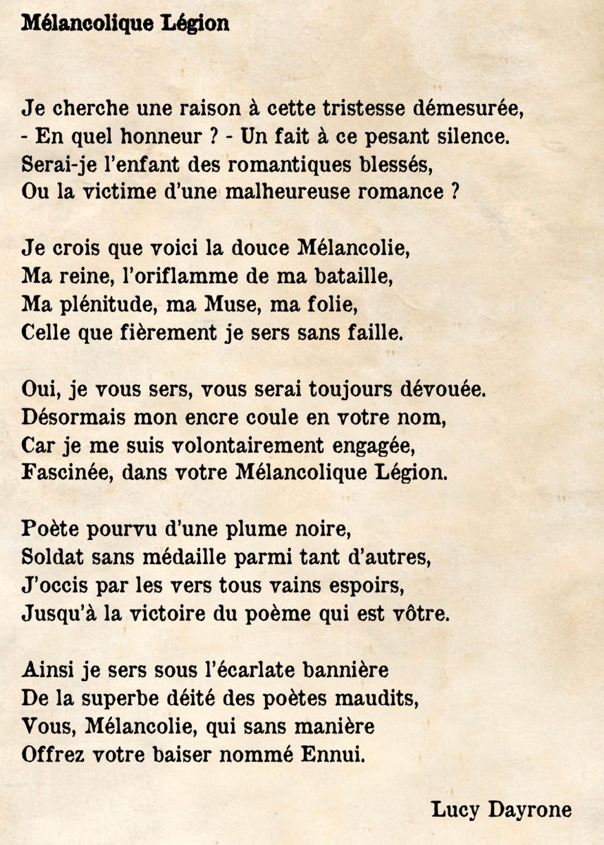 Poème "Mélancolique Légion" extrait du recueil "Billets d'âme - Tome 1 - Mélancolique Légion" de Lucy Dayrone