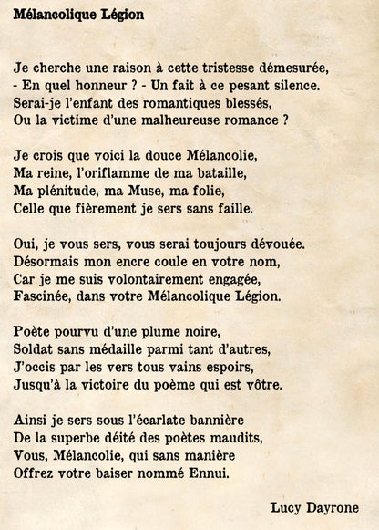 Poème "Mélancolique Légion" extrait du recueil "Billets d'âme - Tome 1 - Mélancolique Légion" de Lucy Dayrone