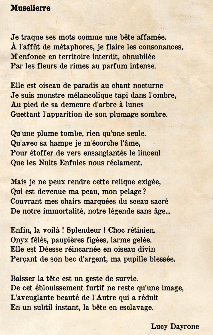Poème "Muselierre" extrait du recueil de poèmes "Confatalis" de Lucy Dayrone
