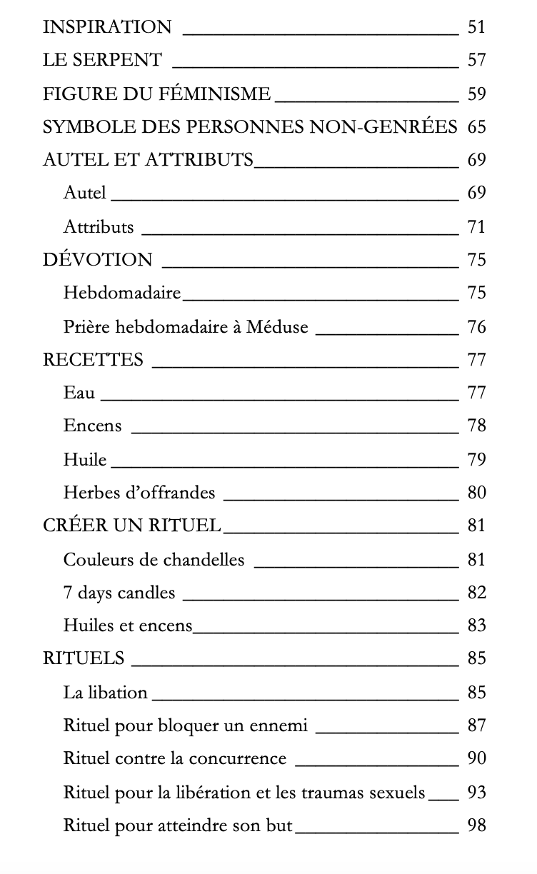 Table des matières du livre "Médusa" de Ange de Gaïa