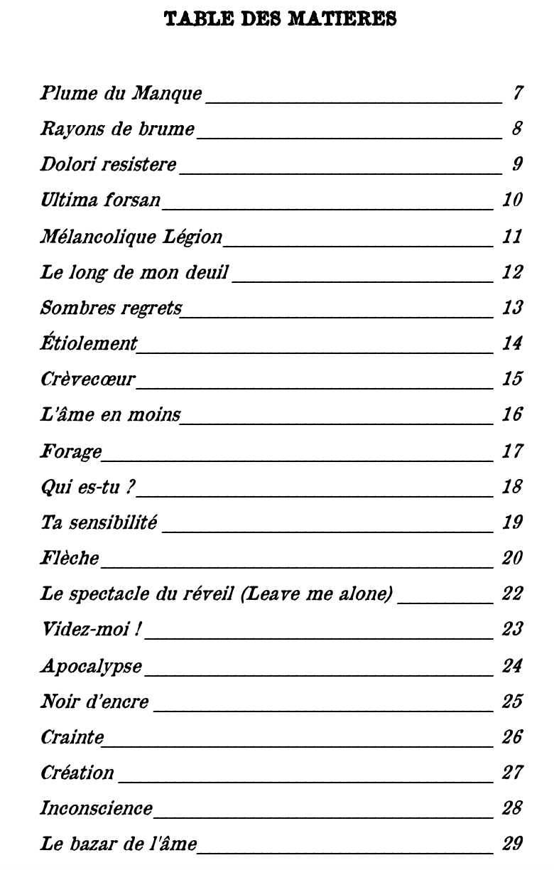 Table des matières du recueil de poèmes "Billets d'âme - Tome 1 - Mélancolique Légion" de Lucy Dayrone