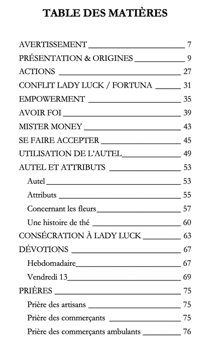 Table des matières du livre "Lady Luck" de Ange de Gaïa