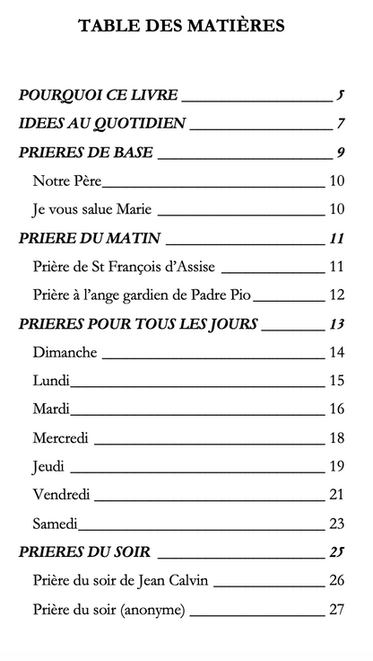 Table des matières du livre "Prières essentielles" de Véronique Bacci